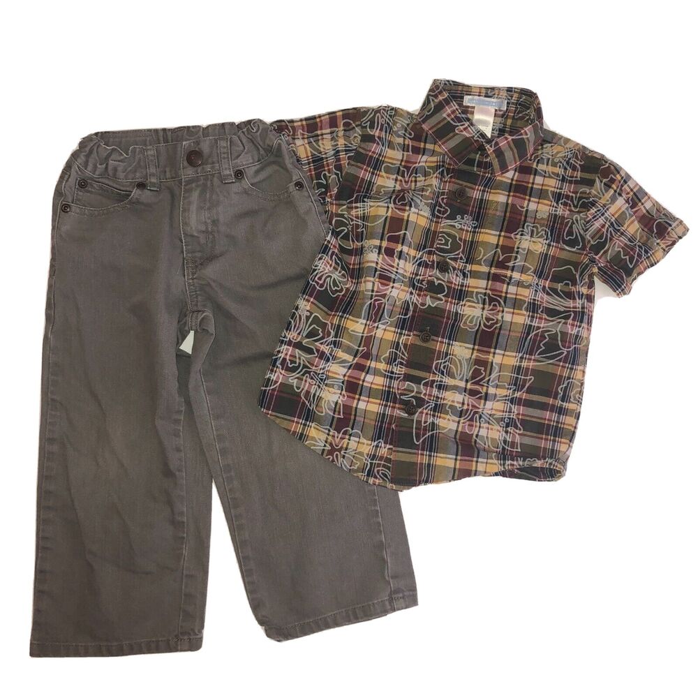 Janie and Jack Toddler Boys Pants Shirt Outfit 3T Gray Plaid Floral Button Up